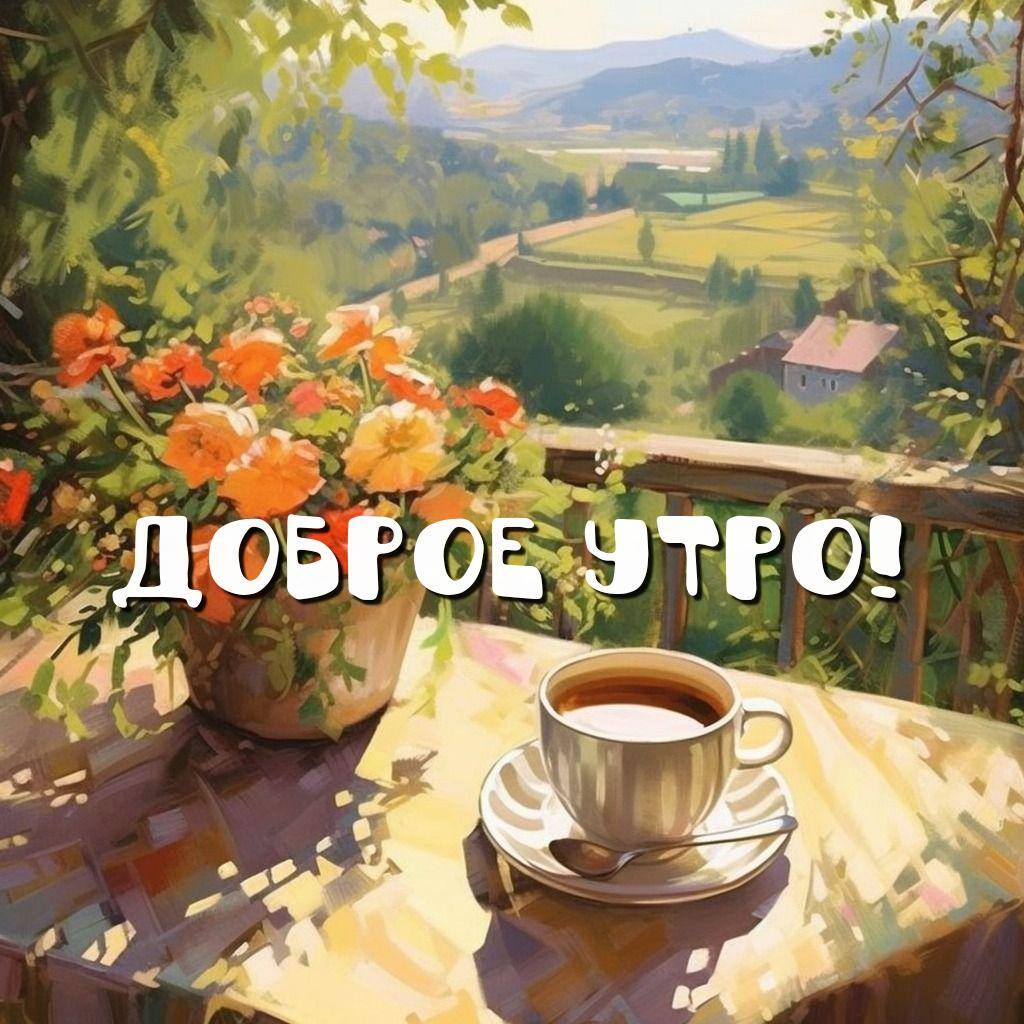 Утро, текст alt,Столик с чашкой кофе, цветы и вид на долину