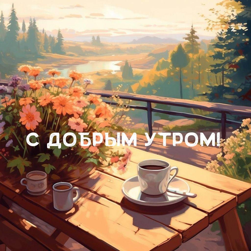 Утро, теплая сцена с деревянным столом, кофе и цветами