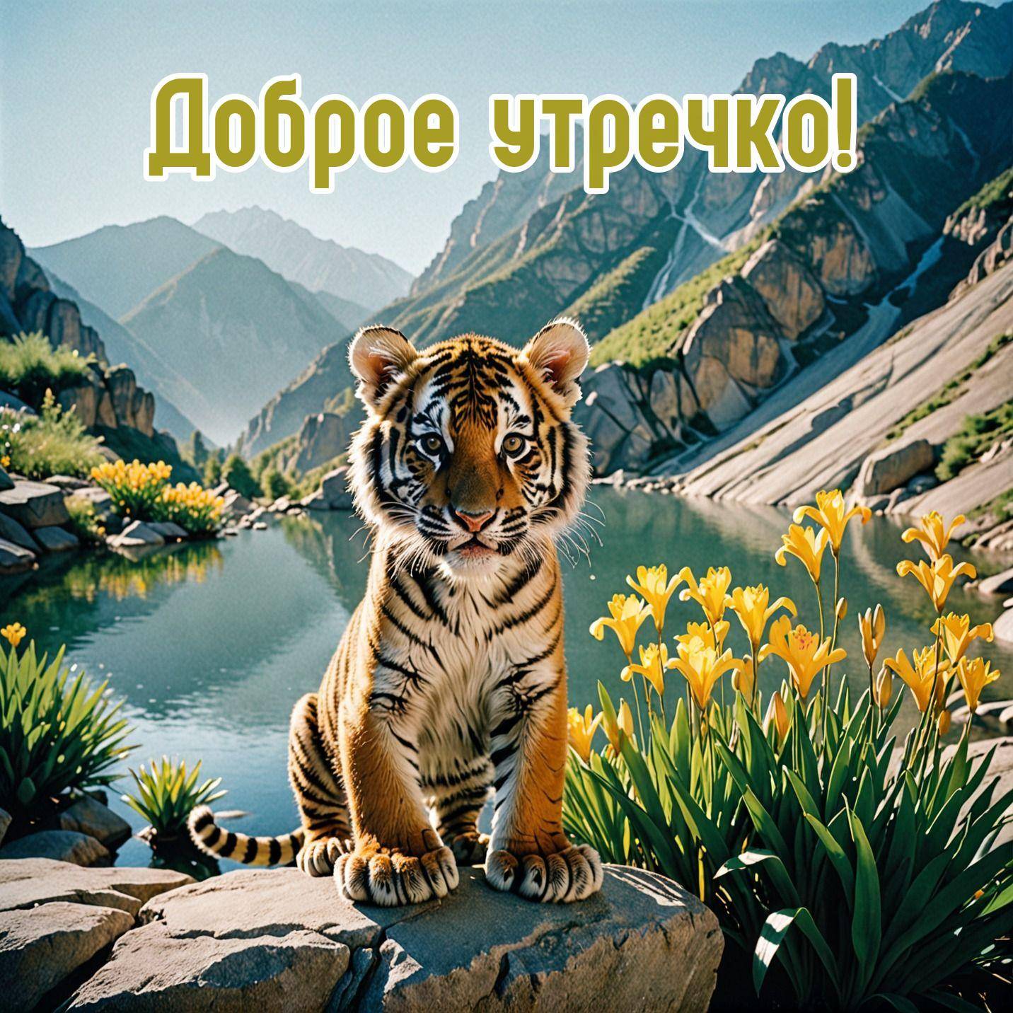 Утро, тигренок сидит на камнях, озеро и горы на заднем плане