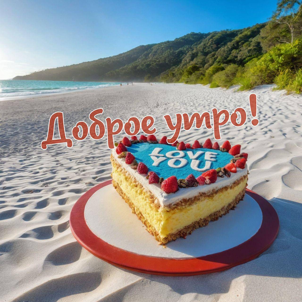 Утро, торт в форме сердца на пляже с надписью 