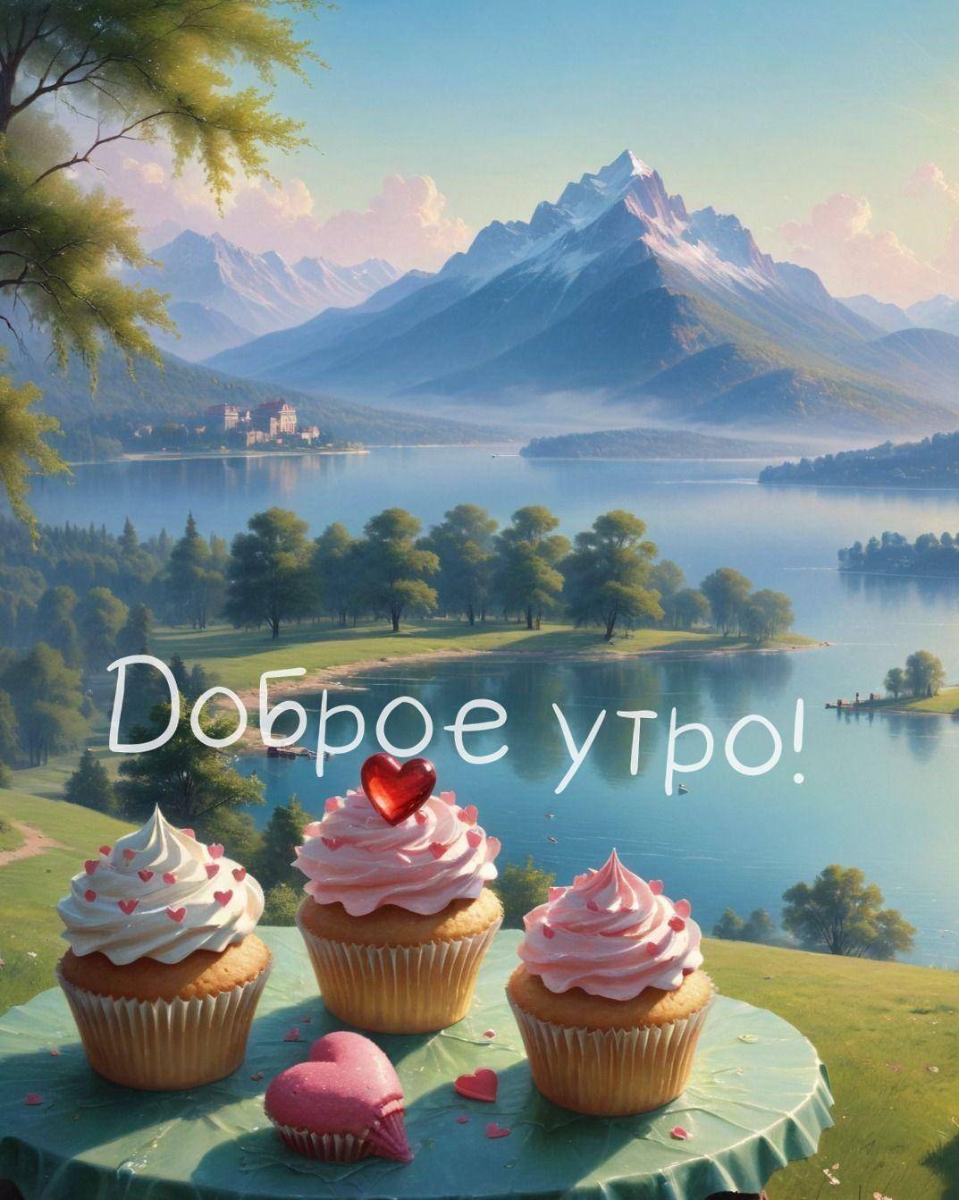 Утро, три кекса с розовой глазурью на фоне гор и озера