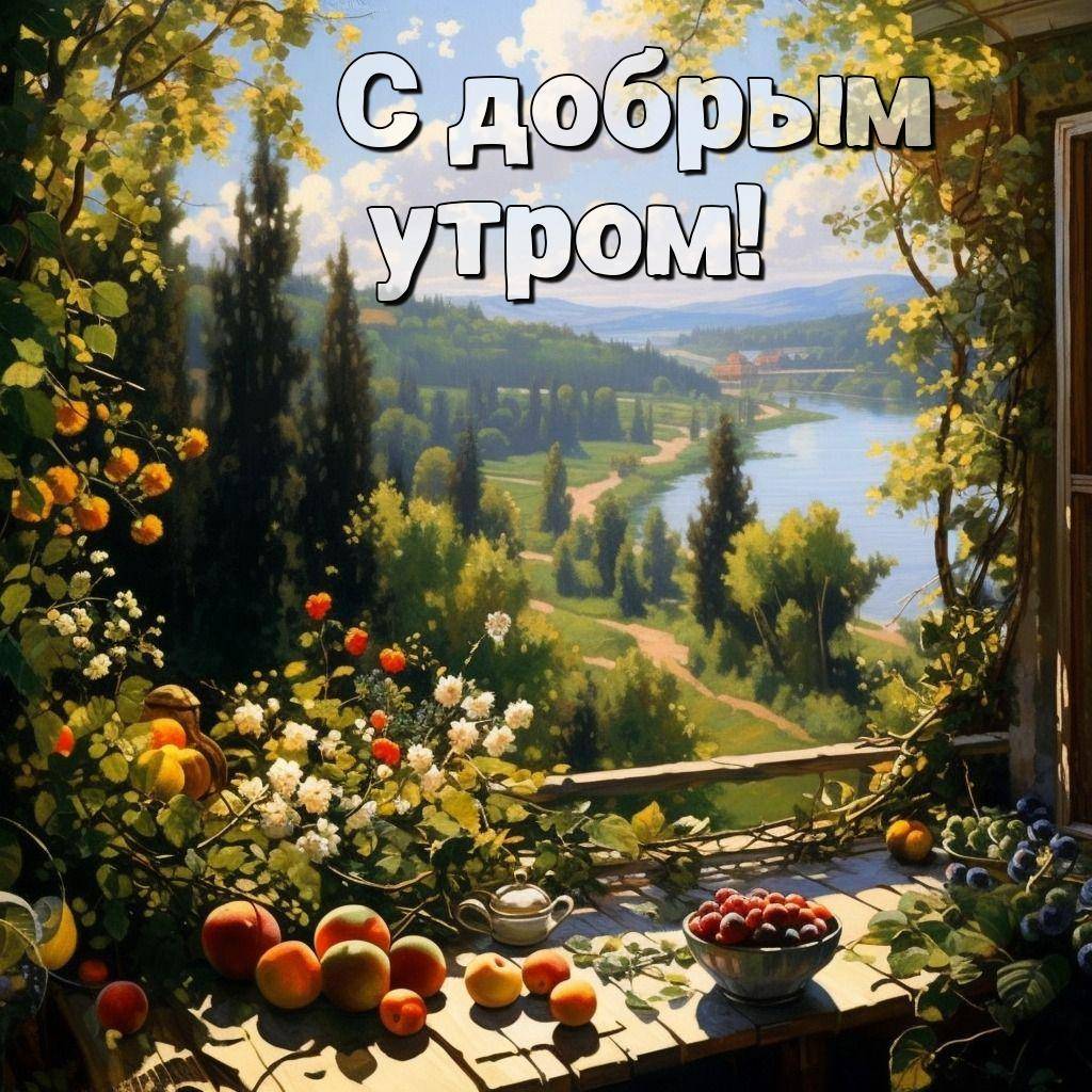 Утро, цветы и фрукты на деревянном столе с летним пейзажем за окном