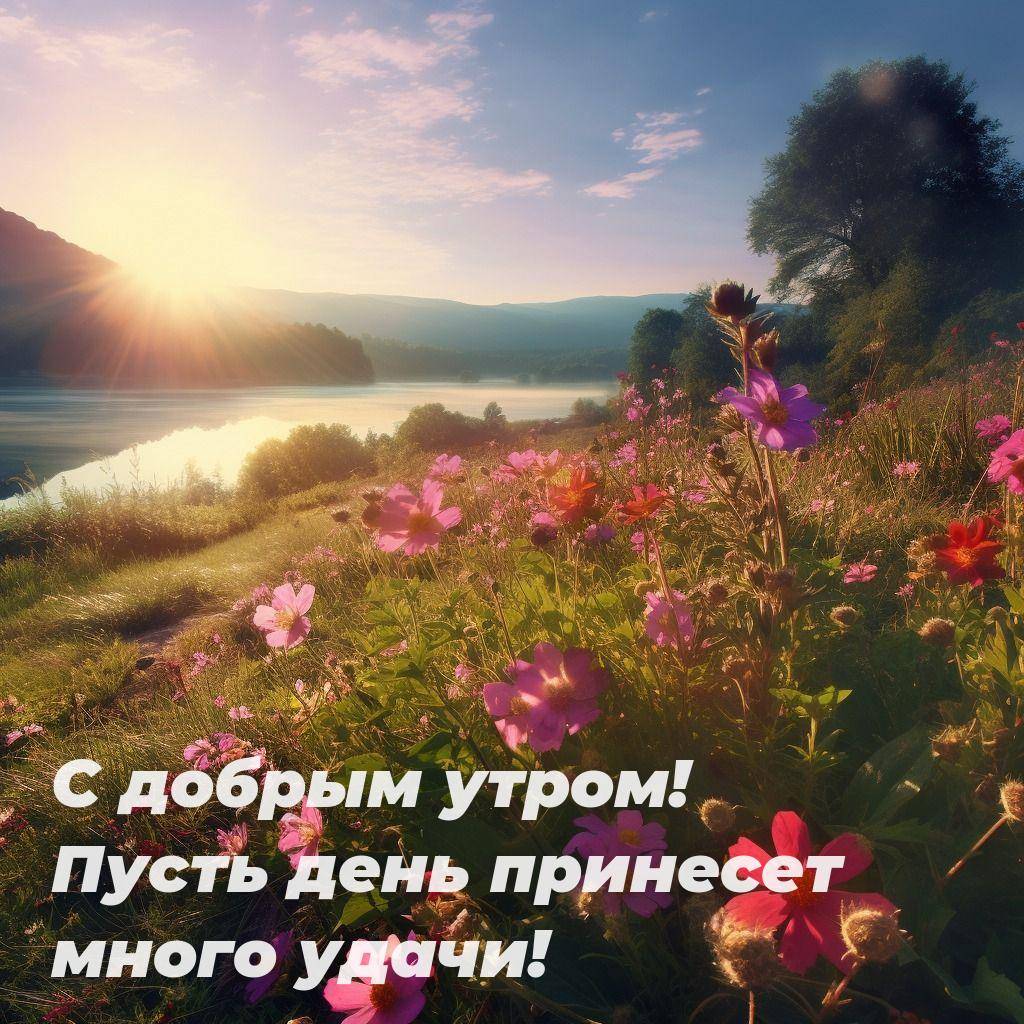 Утро, цветы на склоне с восходящим солнцем и водоёмом