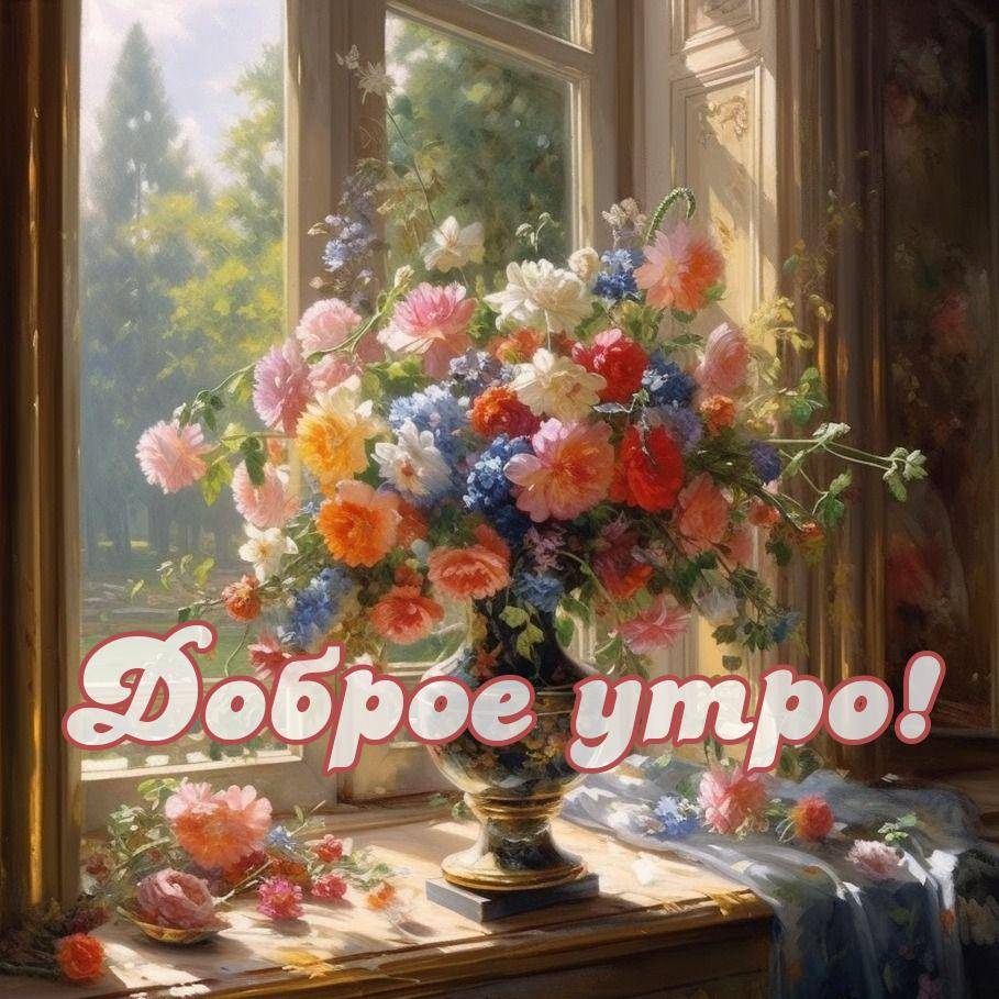 Утро, цветы в вазе на подоконнике с разными цветами