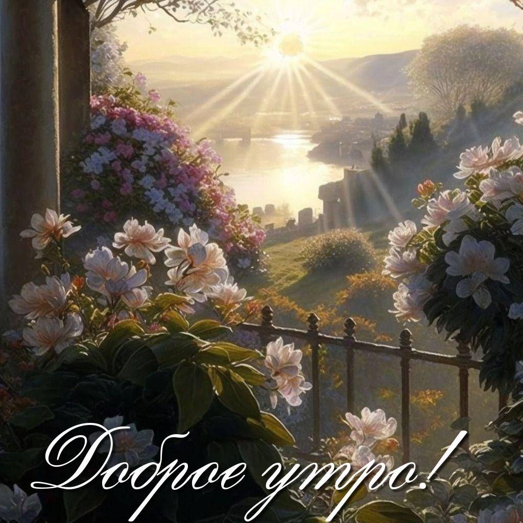 Утро, цветущие сады с утренним солнцем