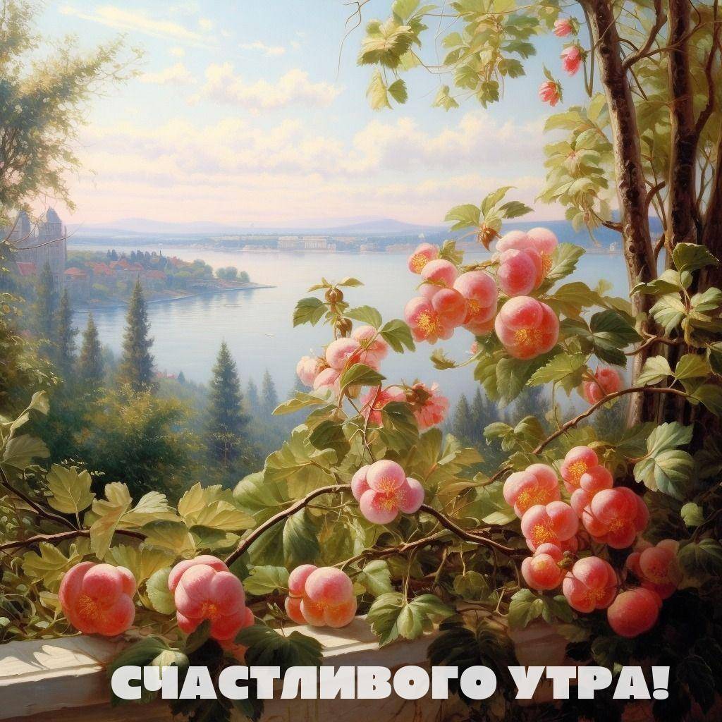 Утро, цветущие ветви на фоне озера и гор