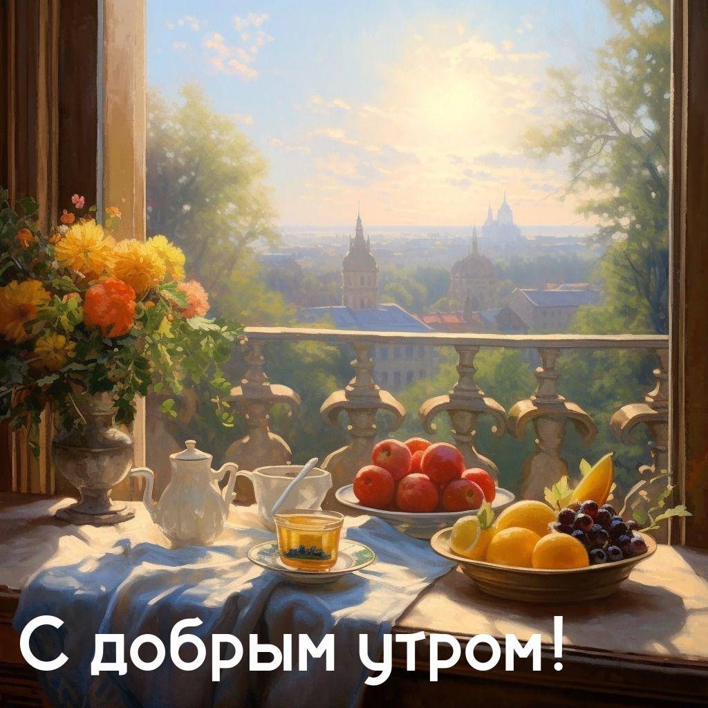Утро, тёплый день, окно с натюрмортом и городскими куполами