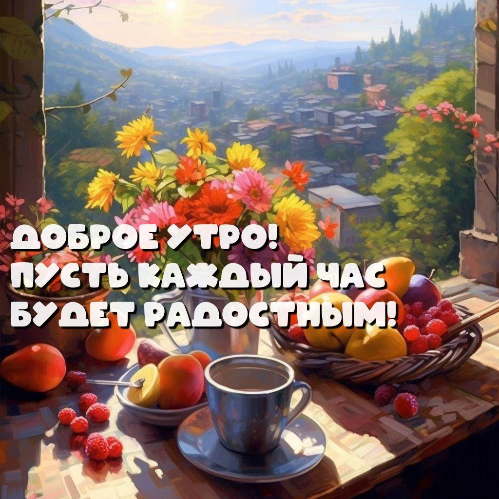 Утро, утреннее окно с пейзажем и фруктами