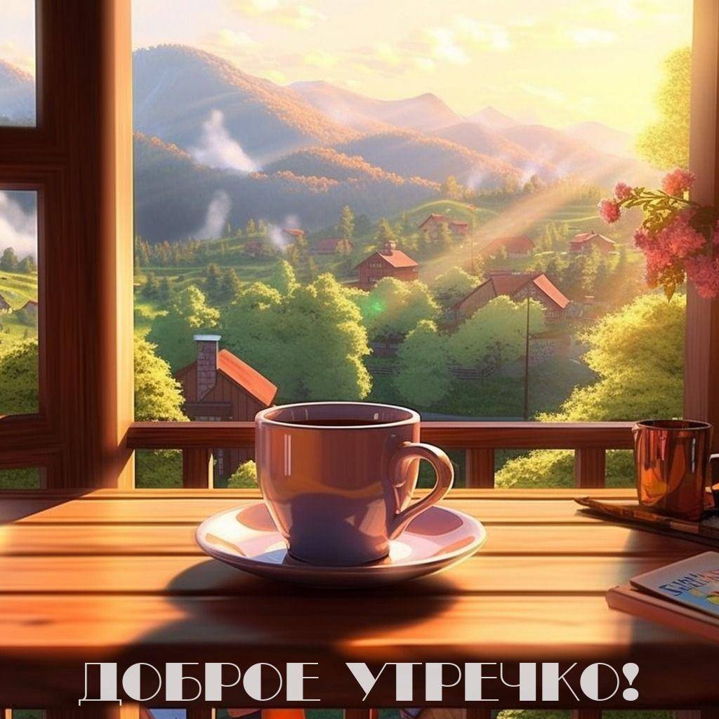 Утро, утренний пейзаж с террасой и чашкой
