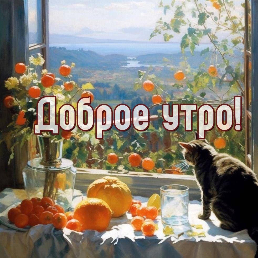 Утро, уютная комната с кошкой у окна