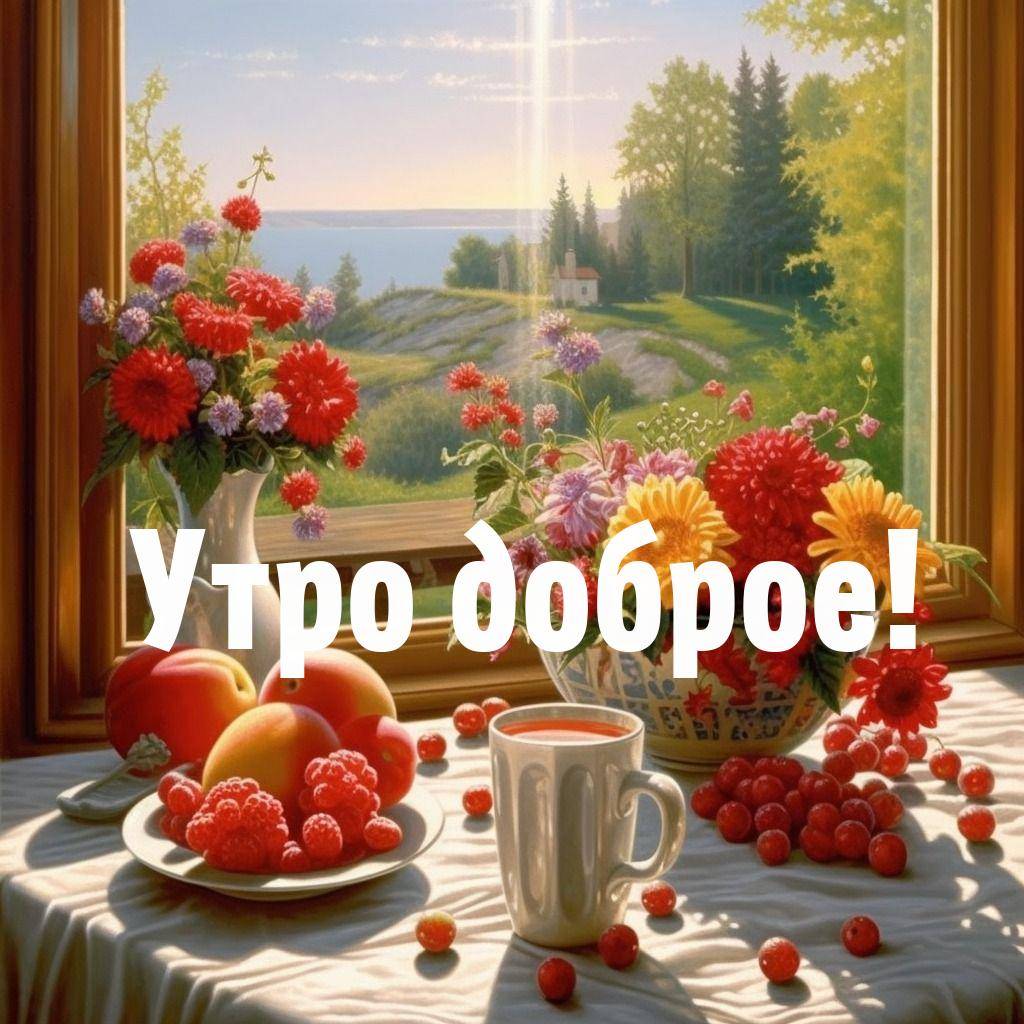 Утро, уютная сцена на подоконнике с цветами и фруктами