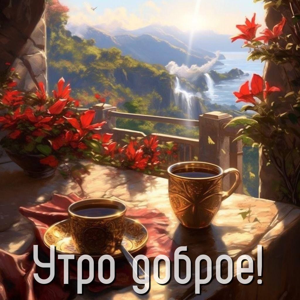 Утро, уютная терраса с чашками кофе и цветами