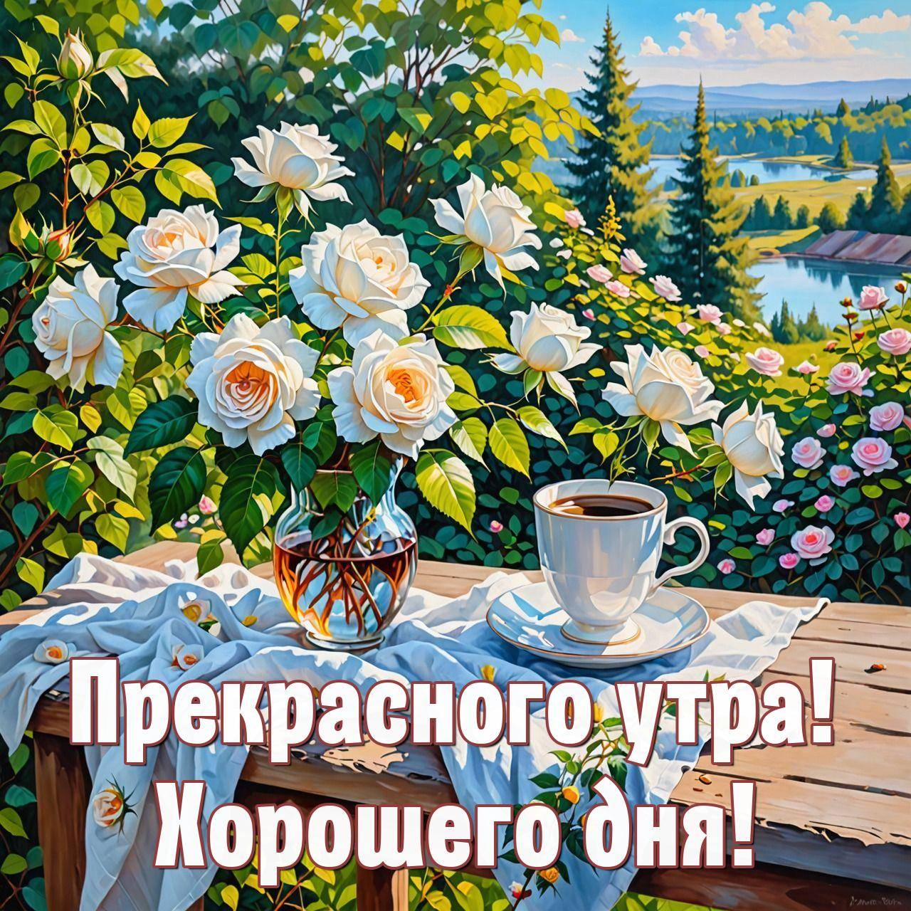 Утро, ваза с белыми розами и чашка кофе на свежем воздухе