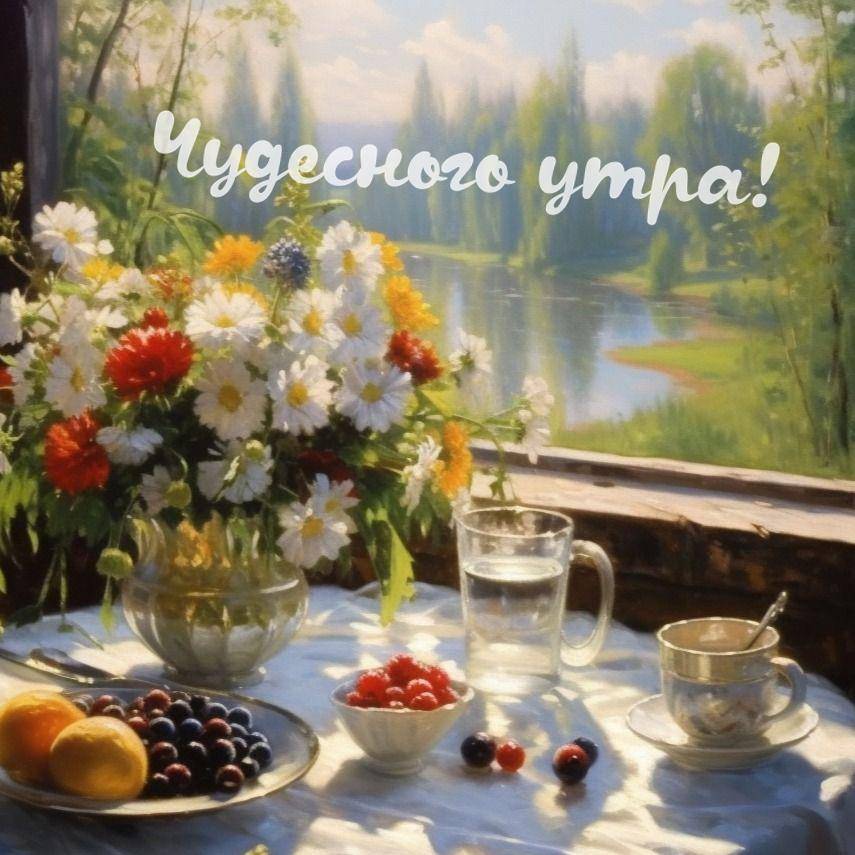 Утро, ваза с цветами и фрукты на фоне пейзажа