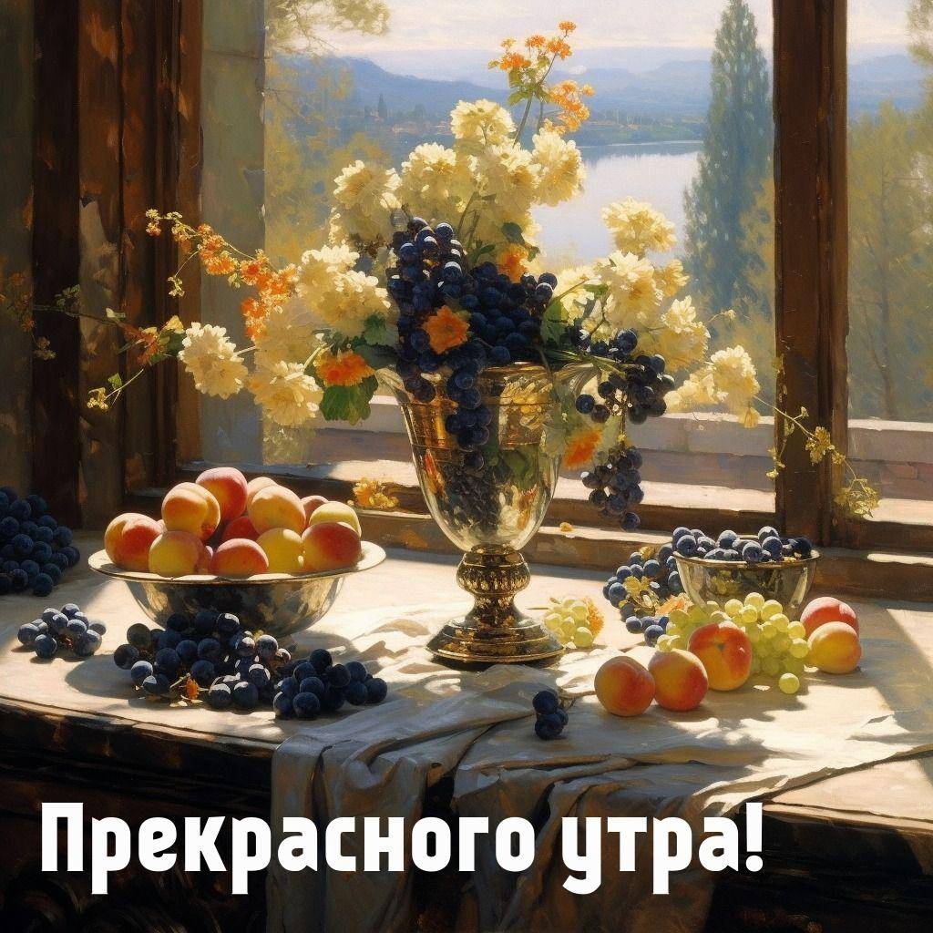 Утро, ваза с цветами и виноградом на столе