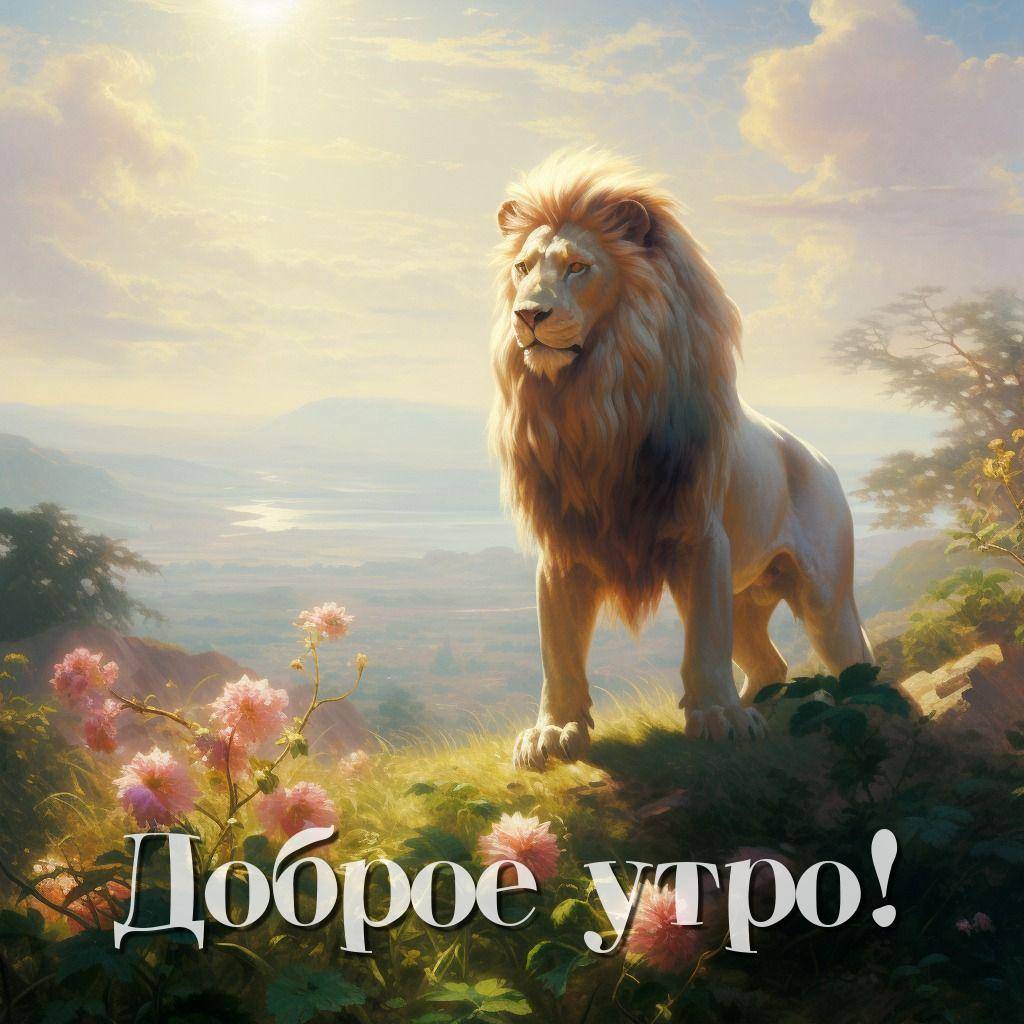 Утро, величественный лев среди природы на холме