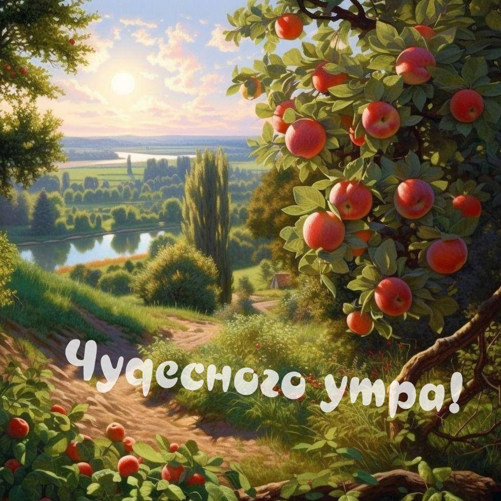 Утро, ветка яблони со спелыми красными яблоками на фоне полей