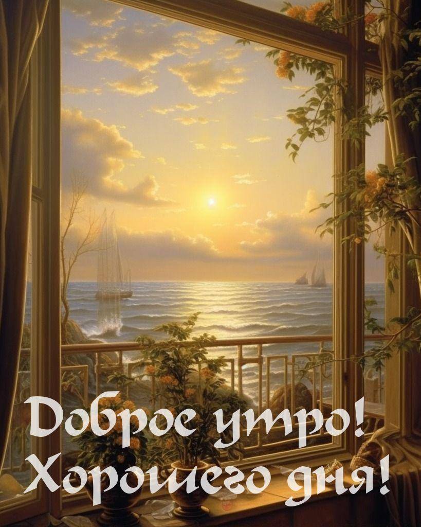 Утро, вид из окна на морской пейзаж с растениями