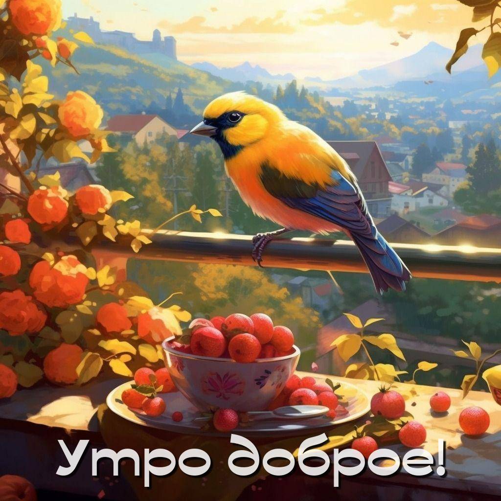 Утро, яркая птица с жёлто-оранжевым оперением на балконе