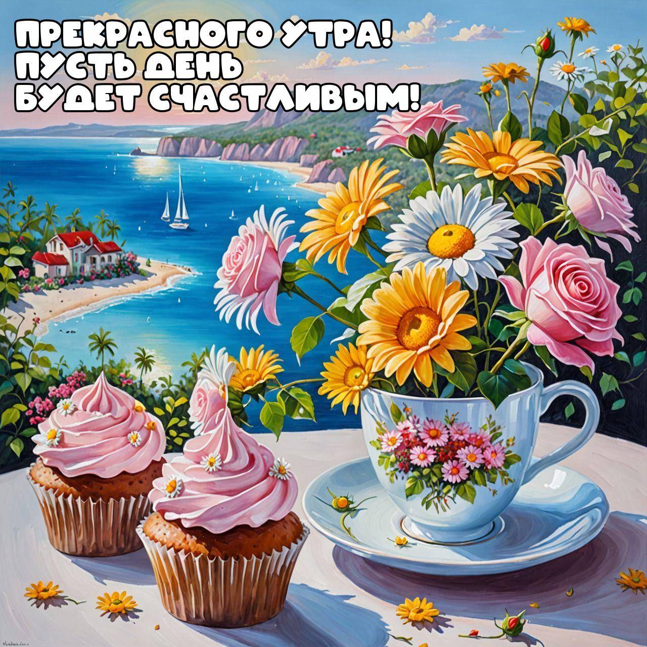 Утро, яркий пейзаж с чашкой цветов и кексами