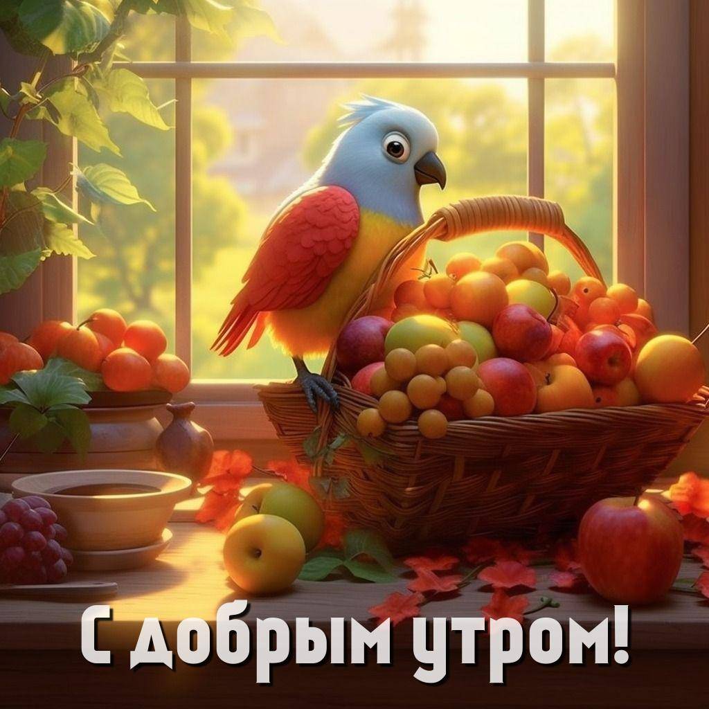 Утро, яркий попугай с синим и красным оперением на корзине с фруктами