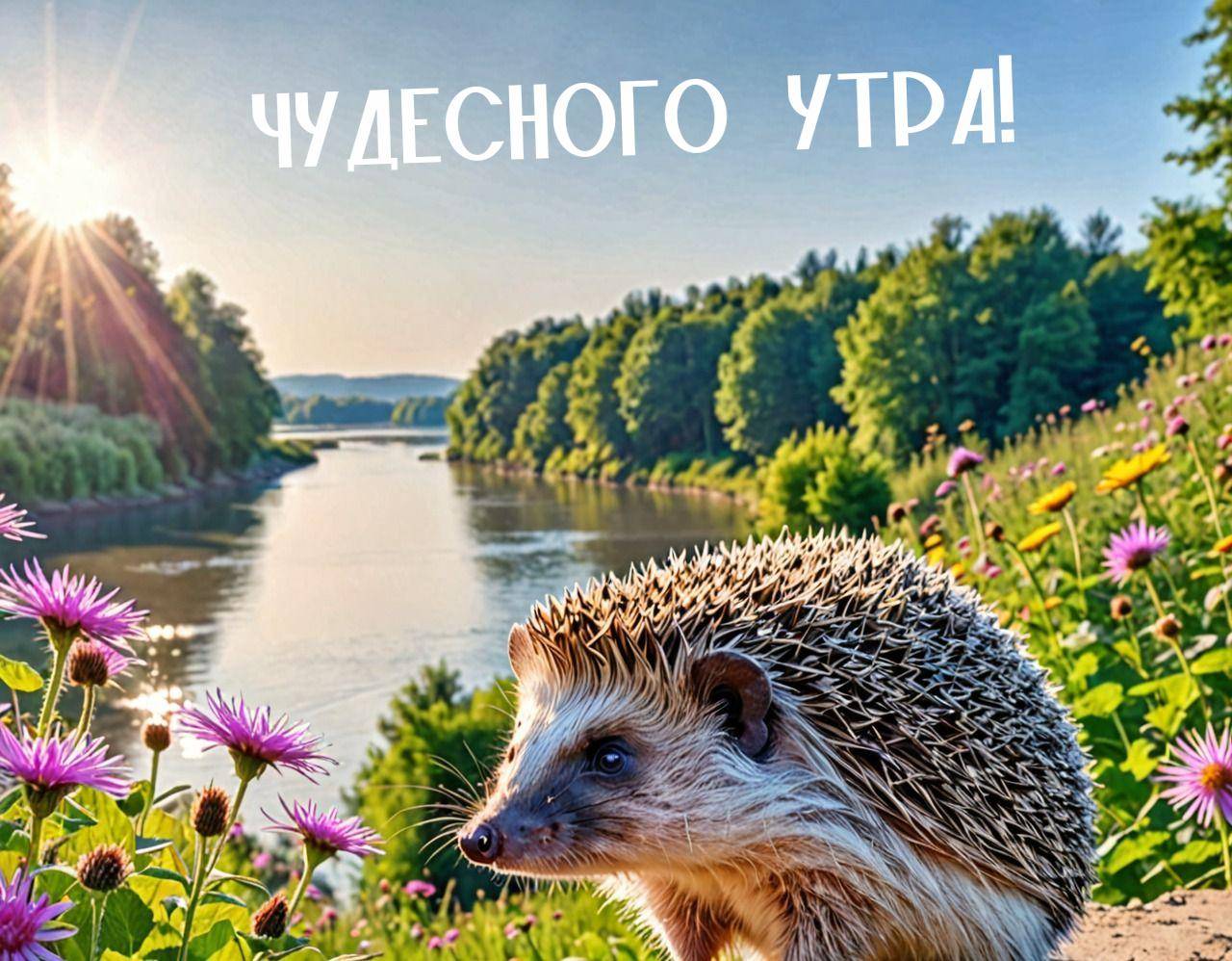 Утро, Ёжик на фоне летнего пейзажа