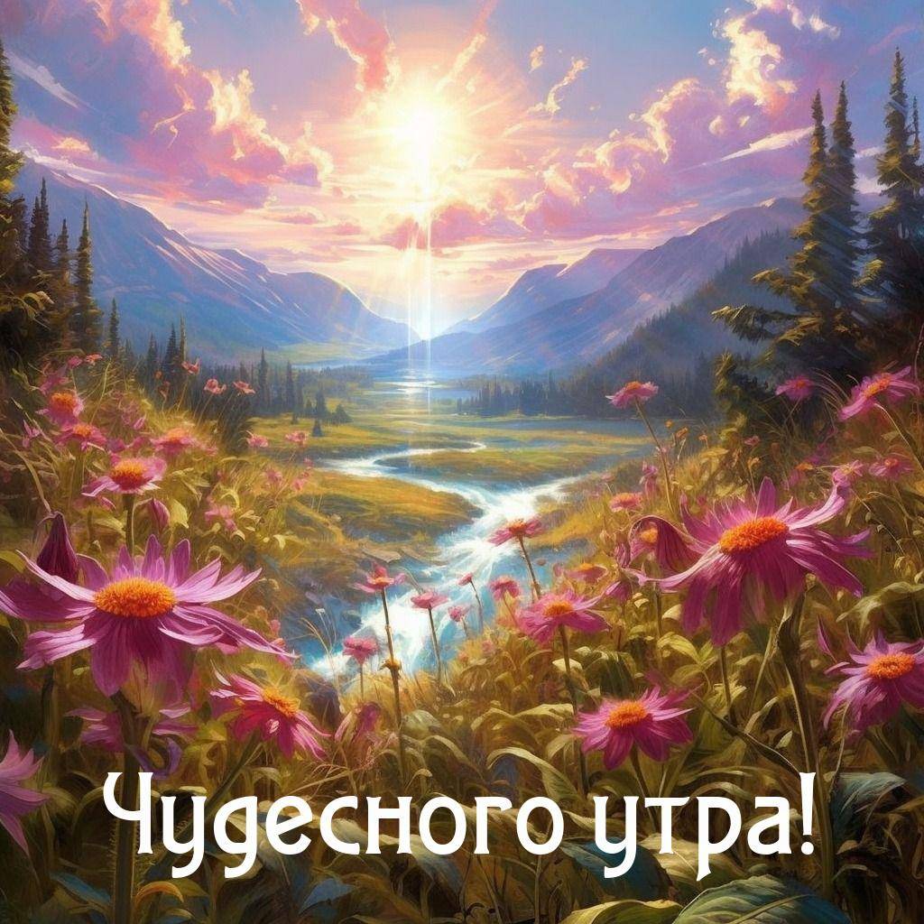 Утро, залитая солнцем долина с рекой и цветами