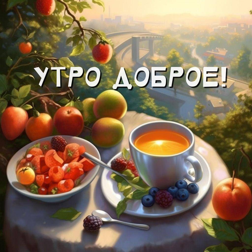 Утро, завтрак на свежем воздухе, чай и фрукты