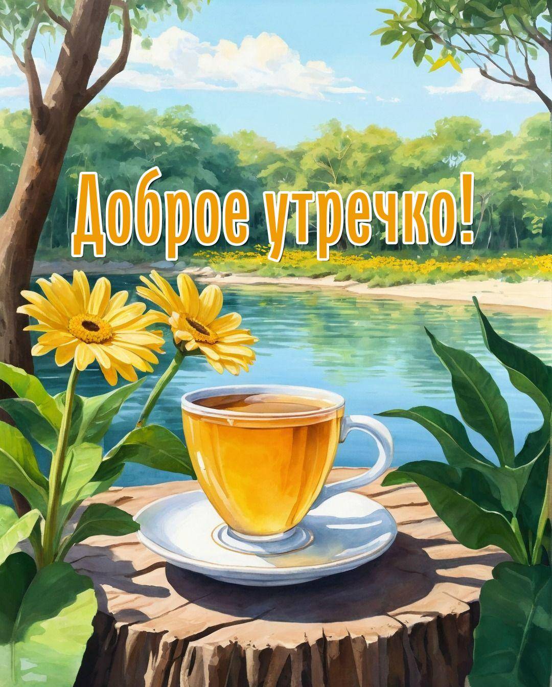 Утро, желтая чашка чая на пне с цветами и водоемом
