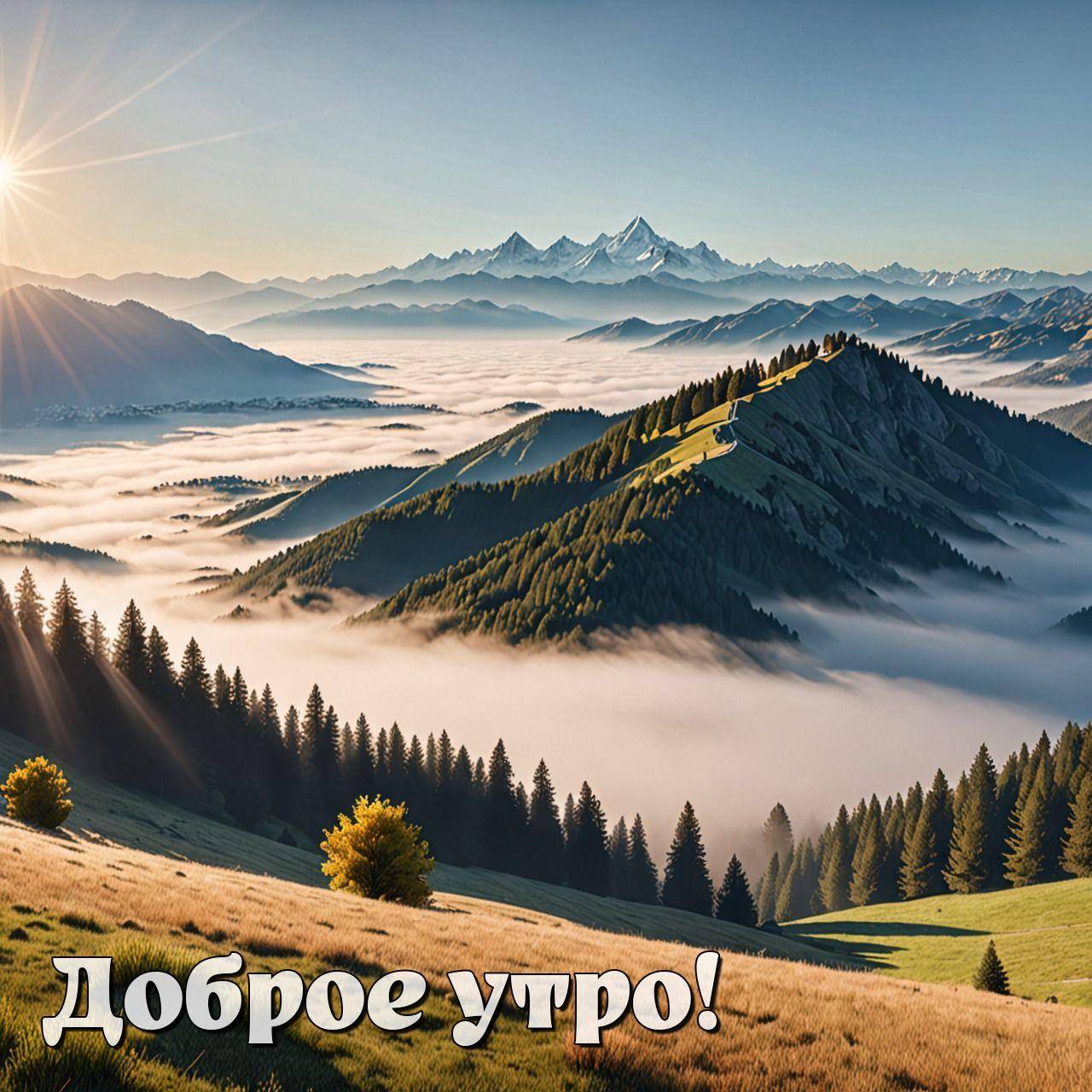 Утро, живописная горная сцена с лесом и горами