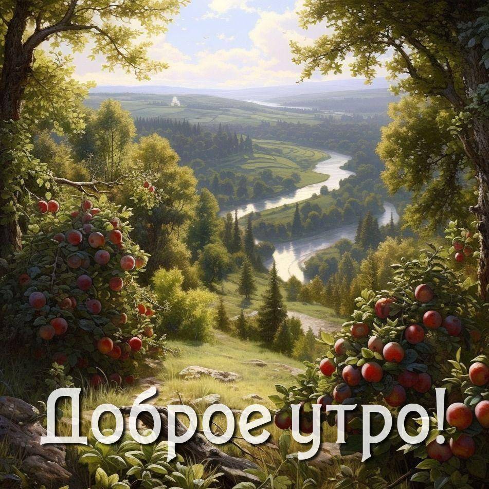 Утро, живописная природная сцена с красными яблоками и рекой