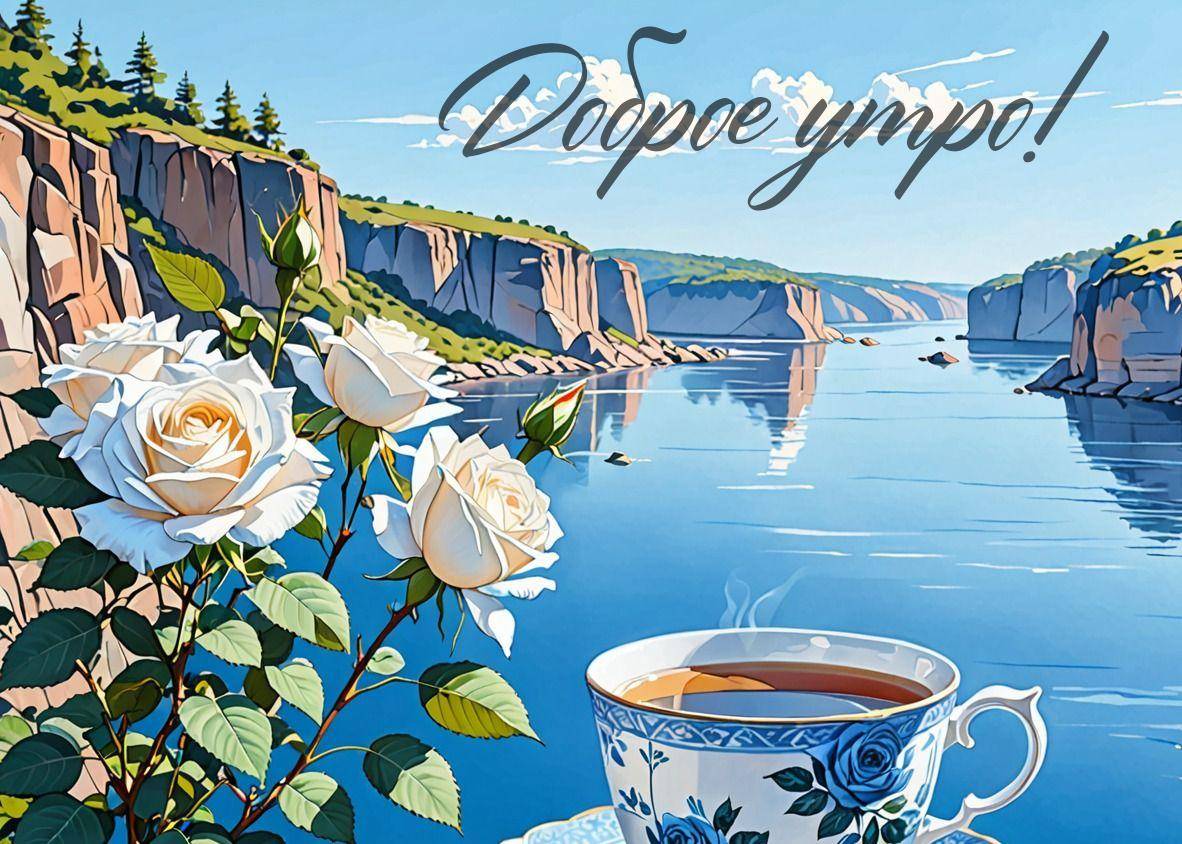 Утро, живописная сцена с утёсами, рекой и белыми розами
