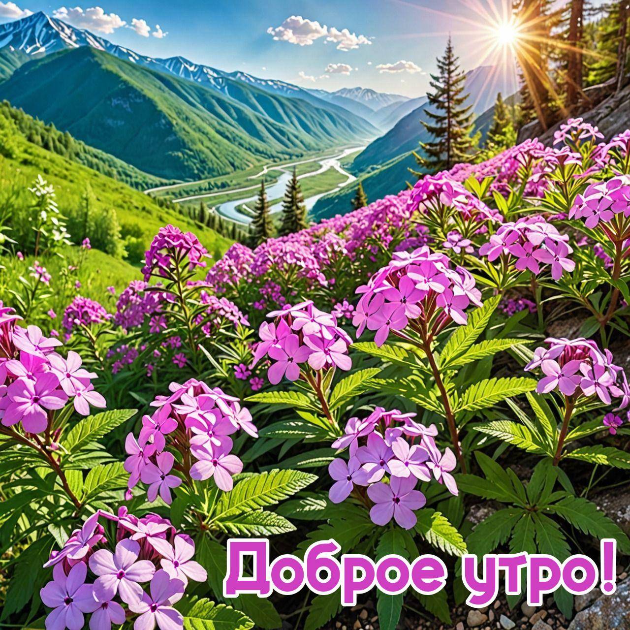 Утро, живописный горный ландшафт с розовыми цветами