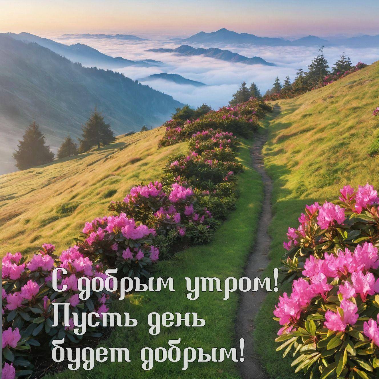 Утро, живописный горный пейзаж с тропинкой и цветами
