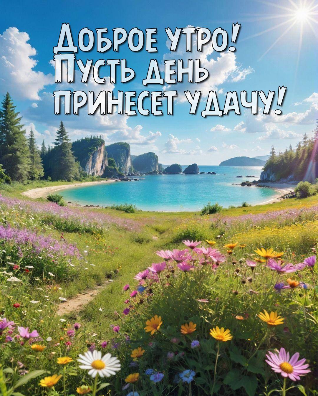Утро, живописный ландшафт с цветущими лугами и морем