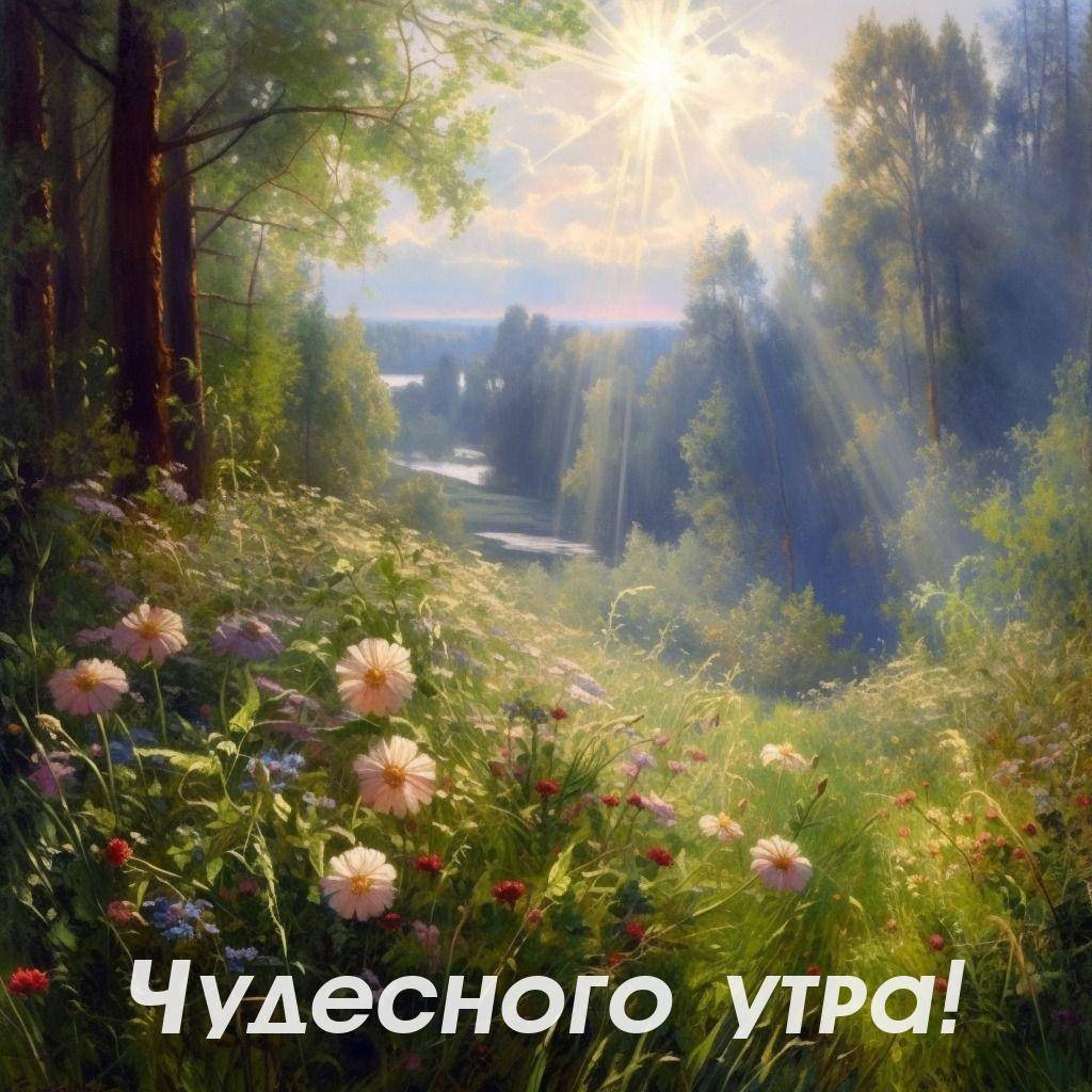 Утро, живописный летний пейзаж с полевыми цветами и лесом на заднем плане