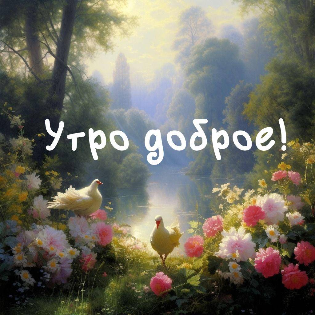Утро, живописный пейзаж с голубями и цветами