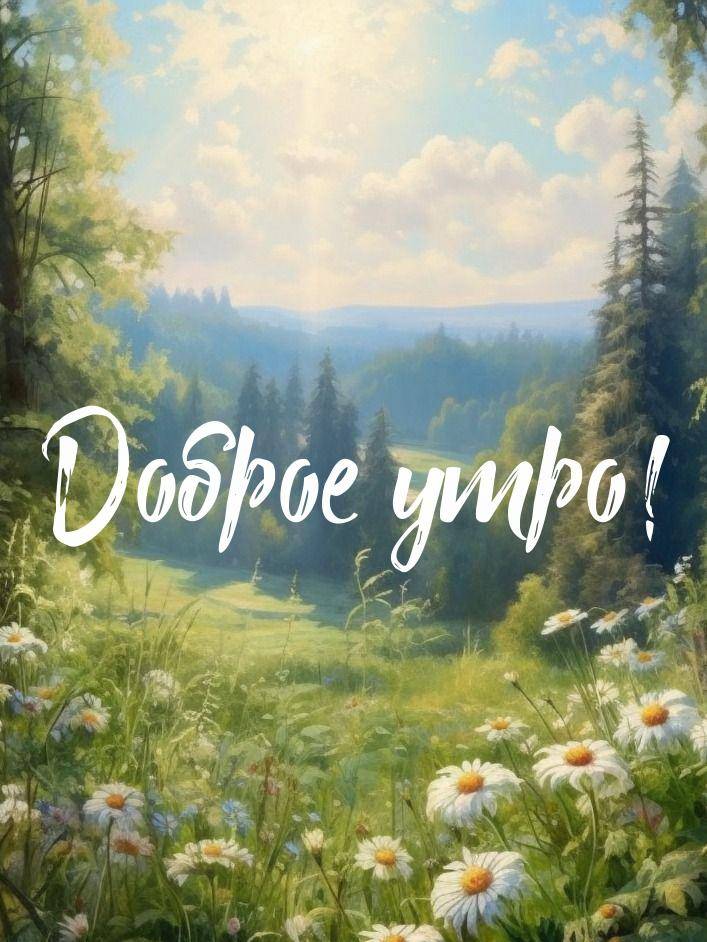 Утро, живописный пейзаж с лесной поляной и ромашками среди травы