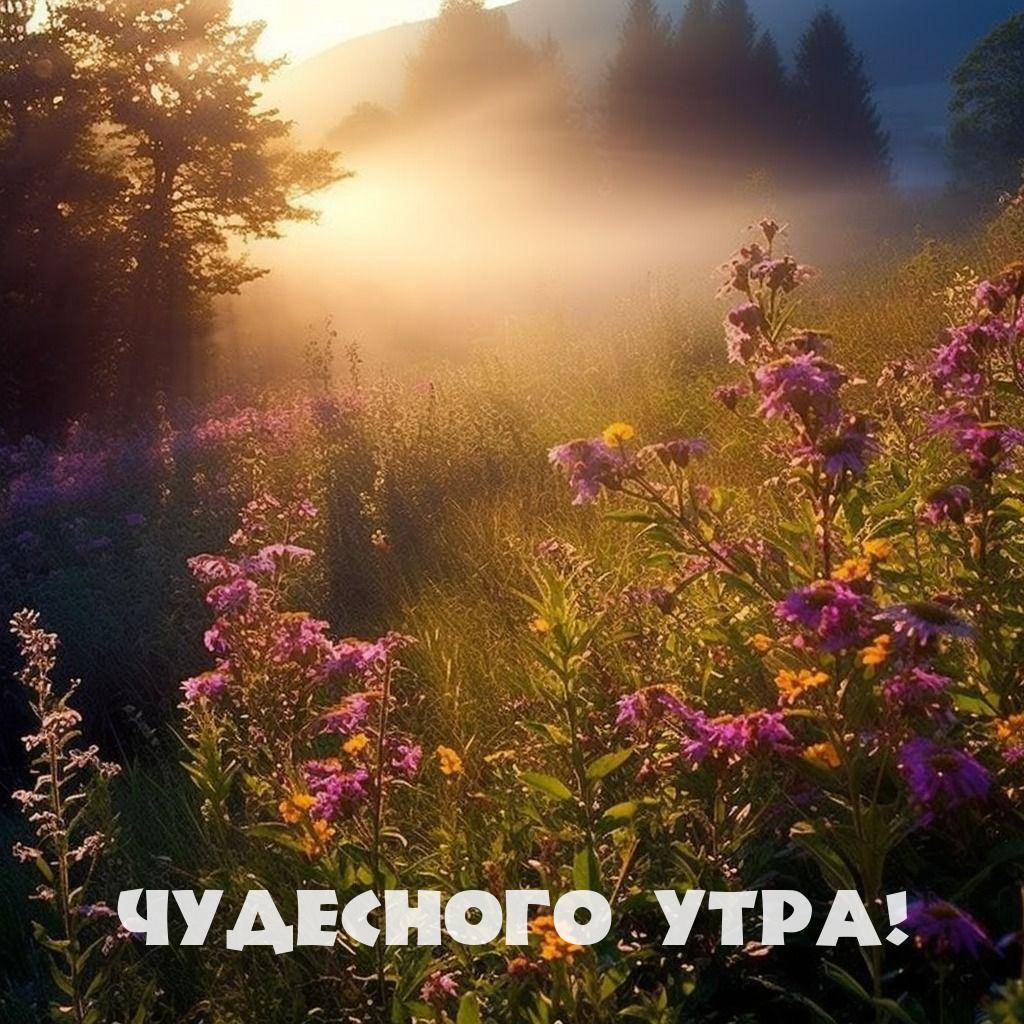Утро, живописный пейзаж с лугом и цветами под золотистым солнцем