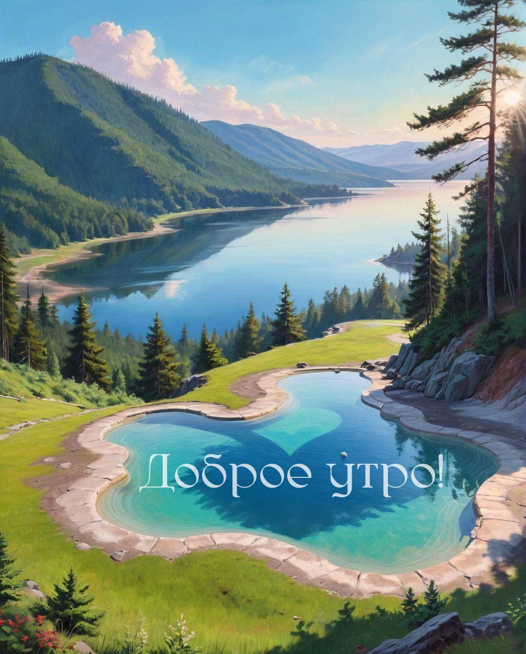 Утро, живописный пейзаж с озером и горами