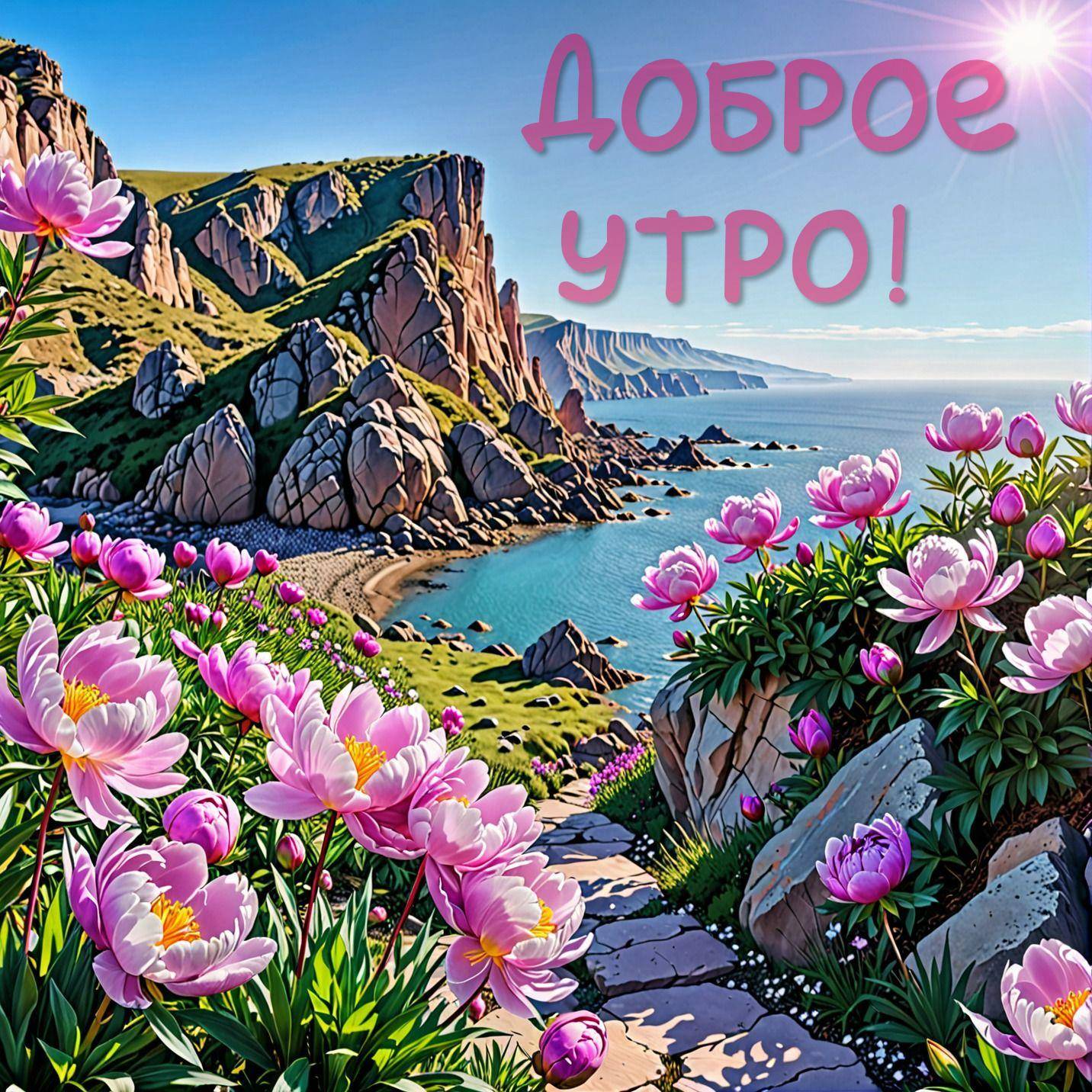 Утро, живописный пейзаж с побережьем и цветами