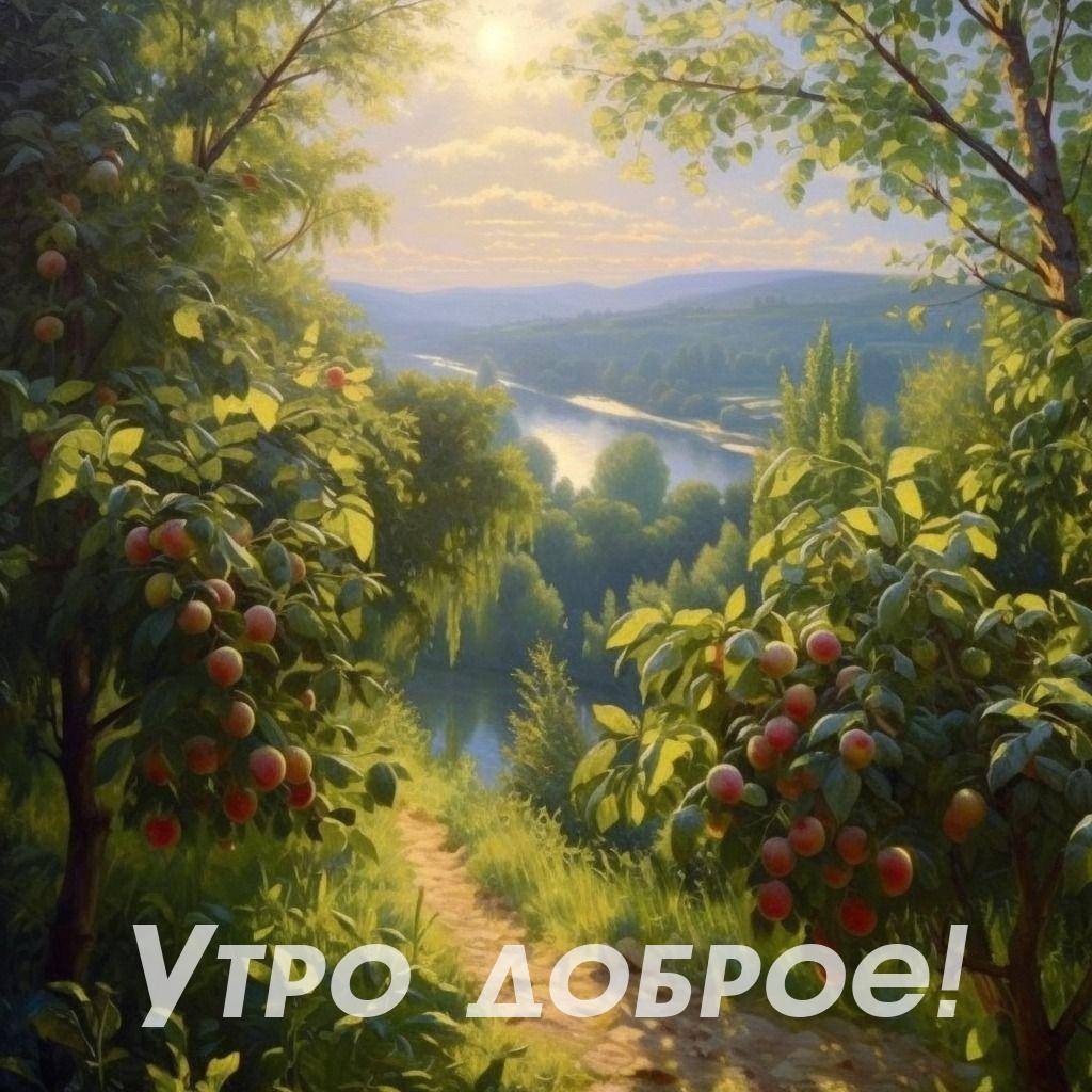 Утро, живописный пейзаж с рекой и садом
