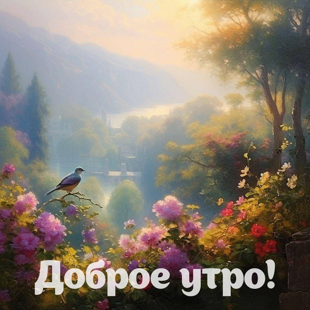 Утро, живописный пейзаж с цветущими кустами и птицей
