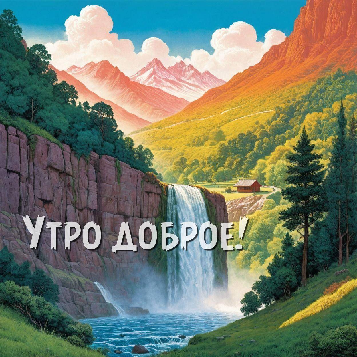 Утро, живописный пейзаж с водопадом, домом и горами