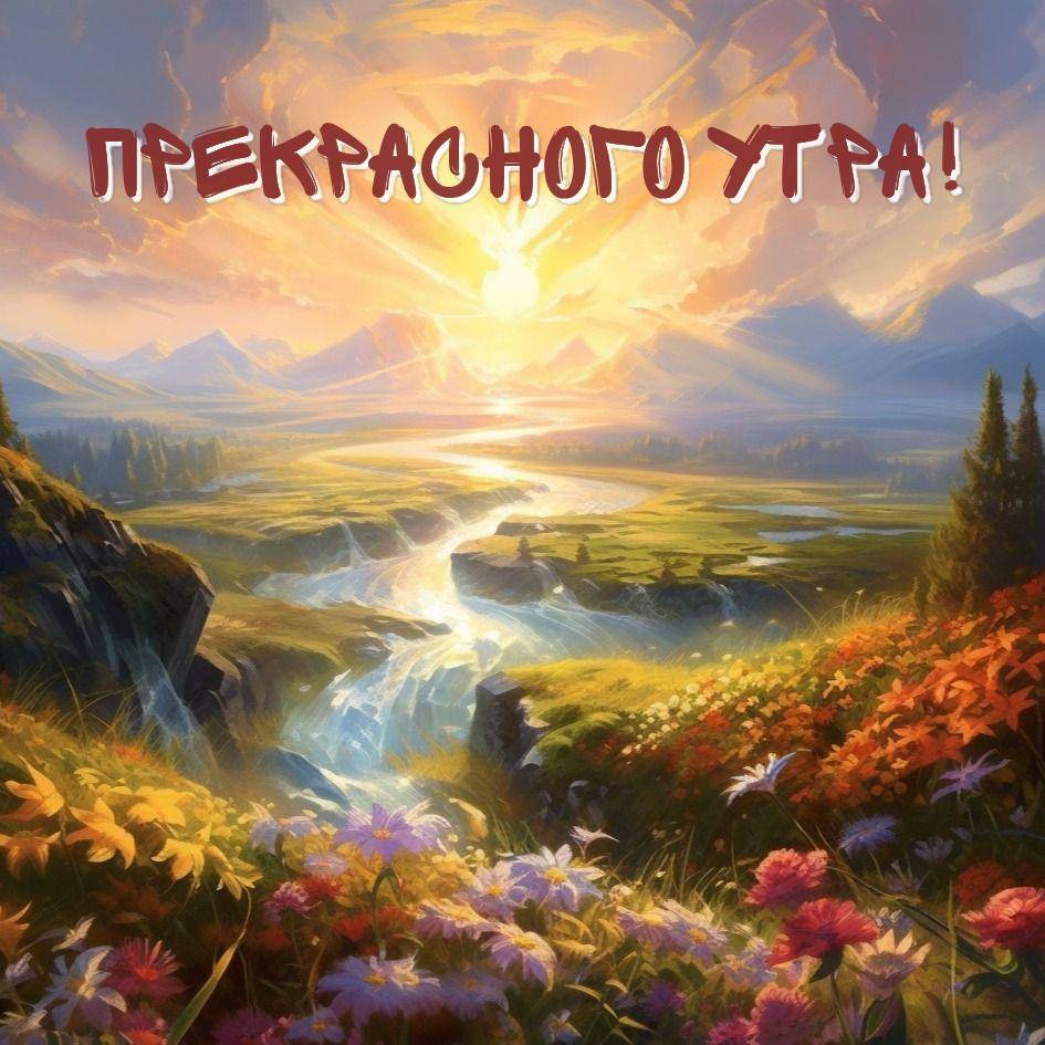 Утро, живописный пейзаж с восходом солнца и полевыми цветами
