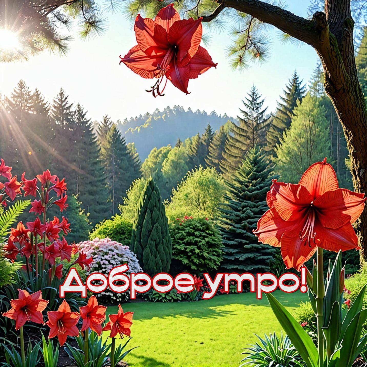 Утро, живописный сад с алыми цветами и лесом на фоне
