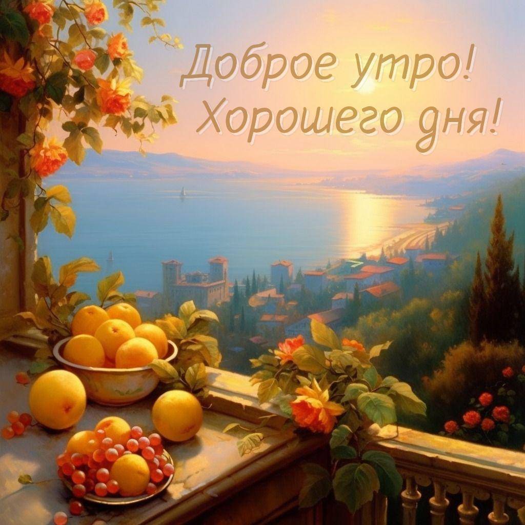 Утро, живописный вид на море, цветы и фрукты на балконе