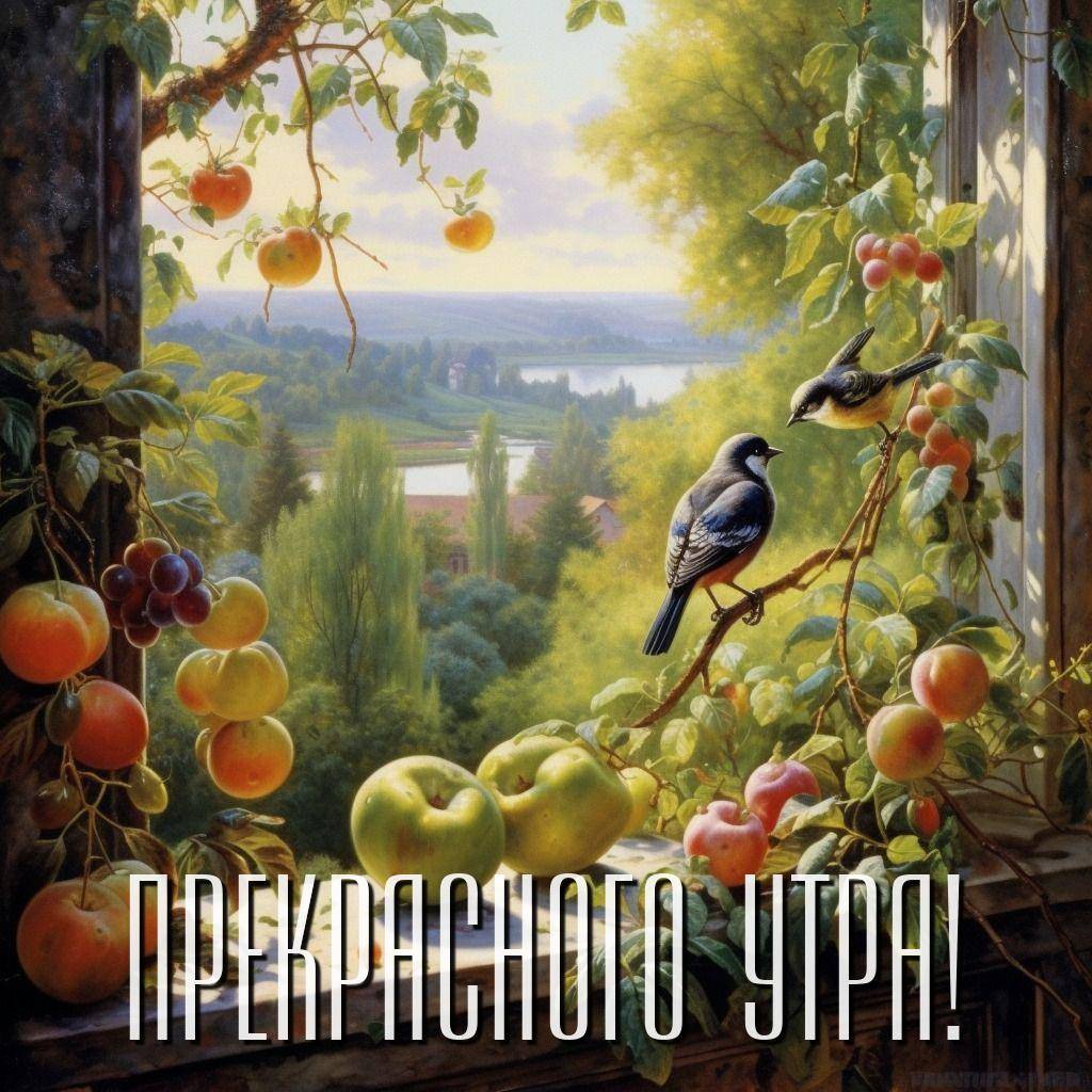 Утро, живописное окно с фруктами и птицами, вид на природу