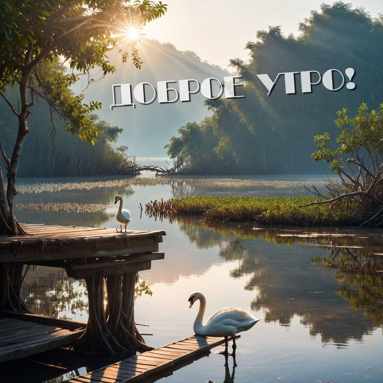 Утро, живописное озеро с лебедями на причале
