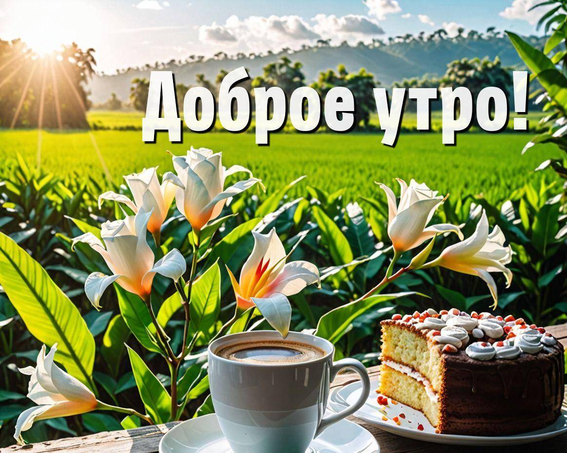 Утро, живописное поле, горы и небо, кофе и торт